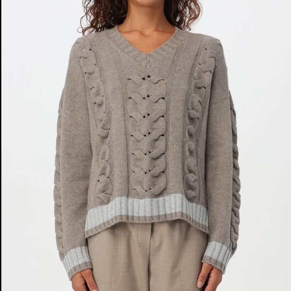 Lorena Antoniazzi | Cable Knit V-Neck Sweater | Taupe | 38 | NWOT - Picture 1 of 12